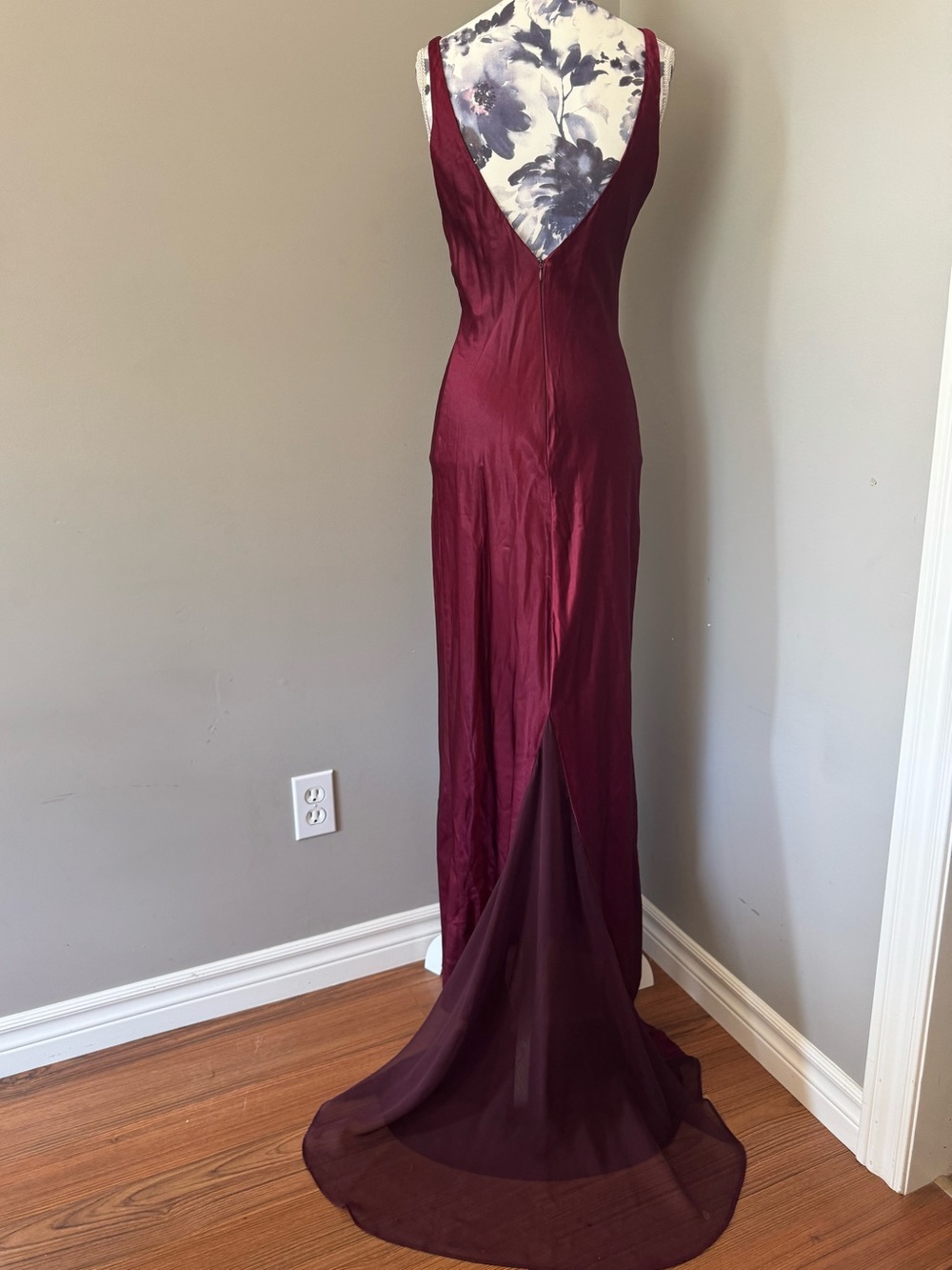 RARE Vintage Scarlet Wine Red Satin Slip Maxi Gown With Low Back & Train - Picture 2 of 12